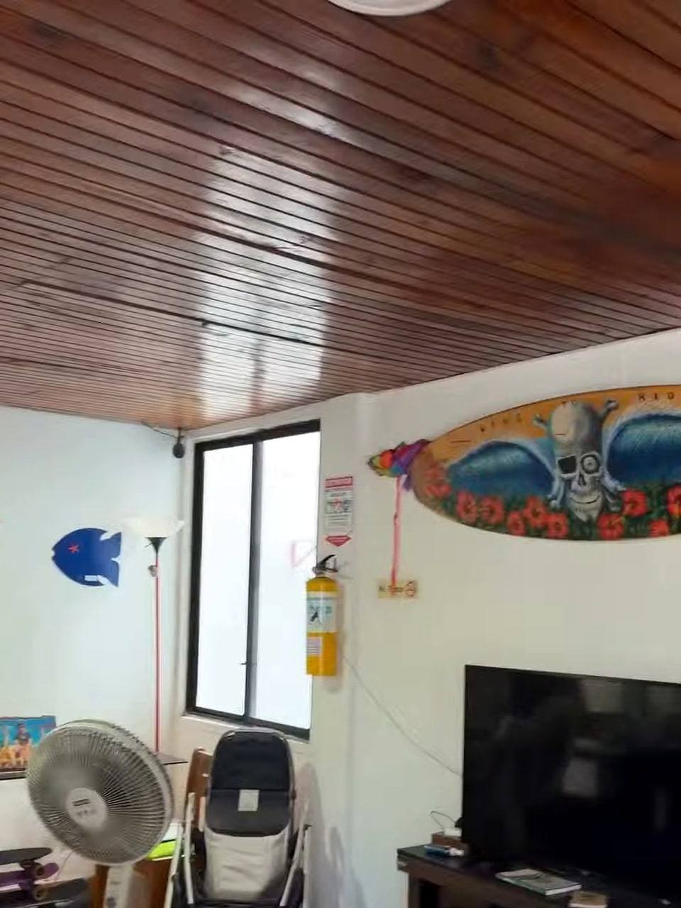 The common room in 2026: wooden plank ceiling, a painted surfboard on the wall, a standing fan, TV and shelves.